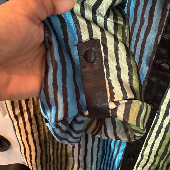 90's Jaclyn Smith Med Black, Blue & Green Striped Button Down Blouse - Picture 3 of 7